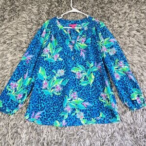 Lilly Pulitzer Elsa Silk Blouse Blue Leopard Floral Print Smocked Top Large